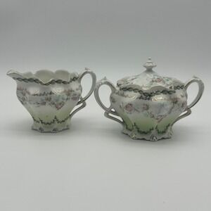 Antique RS Prussia Red Mark Creamer Sugar Bowl Set Pink Roses Floral Gold Trim